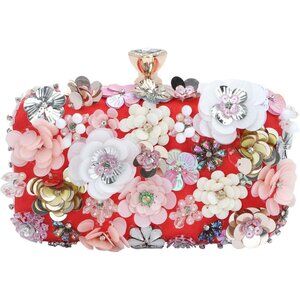 Women's Red Lanpet Evening Wristlet Flower Clutches Shoulder Chain Strap Bag